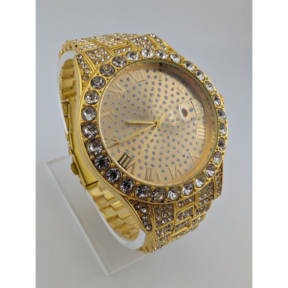 Men's Quartz‎ Watch Gold Tone Bling 43mm Case 7.5" Band- New Battery